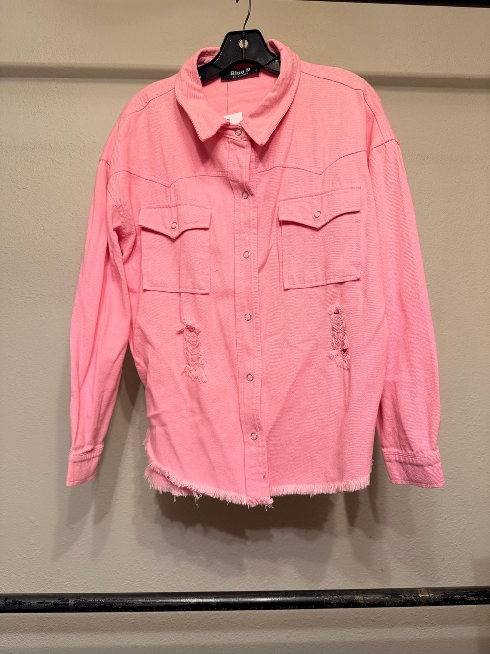 Women's Pink Distressed Button-Down Shirt Jacket